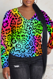Light Brown Leopard Print V Neck  Casual Fall Winter Plus Size Long Sleeve T Shirt