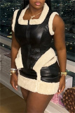 Black Zipper U Neck Sleeveless Furry Trim PU Leather Tops And Mini Skirt Night Club Casual Two Pieces Dress Sets