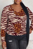 Light Brown Leopard Print V Neck  Casual Fall Winter Plus Size Long Sleeve T Shirt