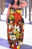 Yellow Casual Graphics Print Backless Sleeveless Spaghetti Strap Long Loose Maxi Slip Dresses
