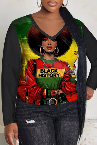 Black Red Casual Figure Print V Neck Long Sleeve Fall Winter T-shirt