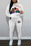 White Casual Graphics Print Hooded Long Sleeve Sweatshirts and Drawstring Pants Sportwear Casual Two Pieces Sweatsuit Sets