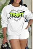 White Black Letter Print O Neck Long Sleeve Sweatshirt And Shorts Sportwear Casual Two Pieces Jogger Sets