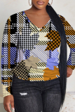 Red Leopard Print V Neck Casual Fall Winter Plus Size Long Sleeve  T Shirt