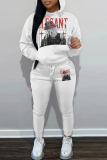 White Casual Graphics Print Hooded Long Sleeve Sweatshirts and Drawstring Pants Sportwear Casual Two Pieces Sweatsuit Sets