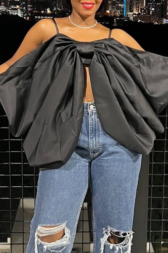 Black Sleeveless Backless Off-shoulder with Large Bow  Spaghetti Strap Formal Evening Party Prom Satin Crop Top
