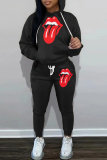 Black Red Casual Graphics Print Hooded Long Sleeve Sweatshirts and Drawstring Pants Sportwear Casual Two Pieces Sweatsuit Sets