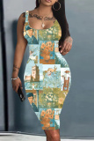 Black Graphics Print U Neck Sleeveless Vacation Bodycon Midi Tank Dress