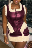 Black Zipper U Neck Sleeveless Furry Trim PU Leather Tops And Mini Skirt Night Club Casual Two Pieces Dress Sets