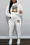 White Casual Graphics Print Hooded Long Sleeve Sweatshirts and Drawstring Pants Sportwear Casual Two Pieces Sweatsuit Sets