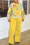 Yellow Graphcis Print O Neck Long Sleeve Sweatshirt And Pants Sportwear Casual Two Pieces Jogger Sets