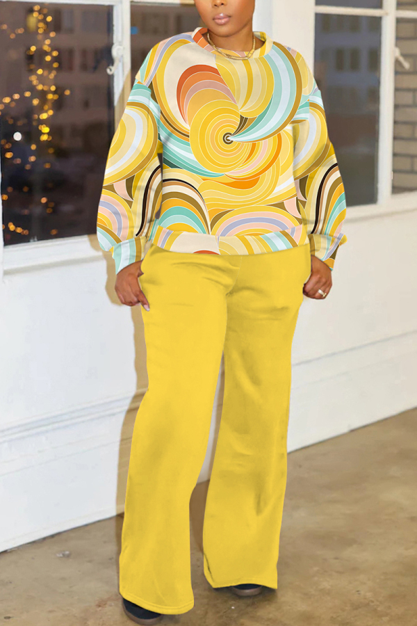 Yellow Graphcis Print O Neck Long Sleeve Sweatshirt And Pants Sportwear Casual Two Pieces Jogger Sets