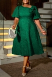 Green 3D Flower Decor Jacquard Zipper Asymmetric Collar Puff Sleeve A Line Pleated Midi Dresses