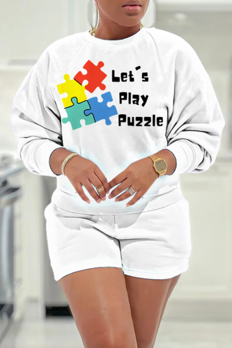 White Pink Letter Print O Neck Long Sleeve Sweatshirt And Shorts Sportwear Casual Two Pieces Jogger Sets