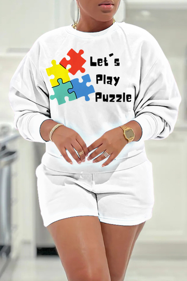 White Pink Letter Print O Neck Long Sleeve Sweatshirt And Shorts Sportwear Casual Two Pieces Jogger Sets