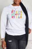 White Green Letter Print O Neck Casual Fall Winter Plus Size Long Sleeve T Shirt