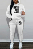 White Casual Graphics Print Hooded Long Sleeve Sweatshirts and Drawstring Pants Sportwear Casual Two Pieces Sweatsuit Sets