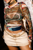 Brown Casual Boho Graphics Print O Neck Long Sleeve Mesh Crop Tops