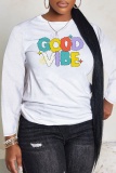 White Green Letter Print O Neck Casual Fall Winter Plus Size Long Sleeve T Shirt