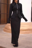 Black Zipper Turndown Collar Long Sleeve Blouse And Maxi Skirt Formal Office Lady Two Pieces Suit Sets