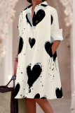 Red White Heart Print Turndown Collar Buckle Casual Pocket Vacation Shirt Mini Dresses