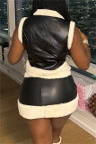 Black Zipper U Neck Sleeveless Furry Trim PU Leather Tops And Mini Skirt Night Club Casual Two Pieces Dress Sets
