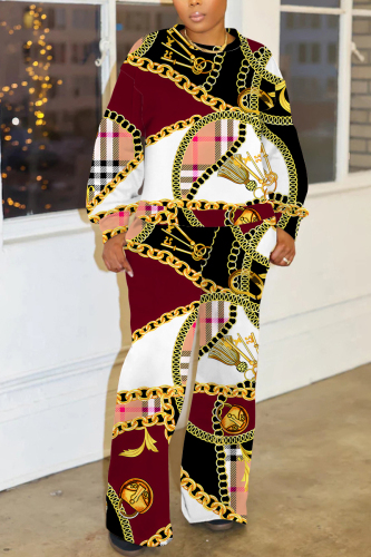 Brown Graphcis Print O Neck Long Sleeve Sweatshirt And Pants Sportwear Casual Two Pieces Jogger Sets