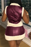 Black Zipper U Neck Sleeveless Furry Trim PU Leather Tops And Mini Skirt Night Club Casual Two Pieces Dress Sets