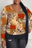 Light Brown Leopard Print V Neck  Casual Fall Winter Plus Size Long Sleeve T Shirt