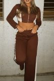 Brown Zipper Collar Long Sleeve Crop Jackets And Sweatpants Sportwear Casual Two Pieces Jogger Sets