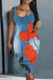 Black Graphics Print U Neck Sleeveless Vacation Bodycon Midi Tank Dress