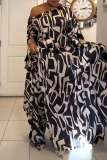 Black Oblique Collar One Shoulder with Loose Sleeve Belted Casual Vacation Loose Flowing Maxi Dresses