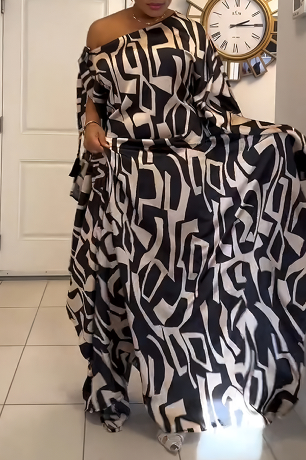 Black Oblique Collar One Shoulder with Loose Sleeve Belted Casual Vacation Loose Flowing Maxi Dresses