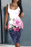 Blue Floral Print U Neck Sleeveless Vacation Bodycon Midi Tank Dress