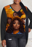 Black Red Casual Figure Print V Neck Long Sleeve Fall Winter T-shirt