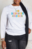 White Green Letter Print O Neck Casual Fall Winter Plus Size Long Sleeve T Shirt