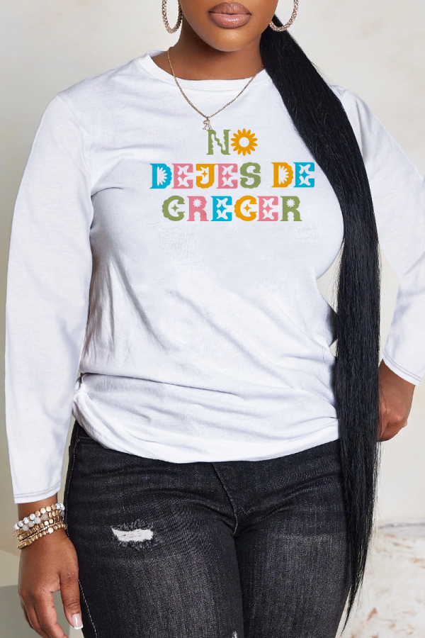White Green Letter Print O Neck Casual Fall Winter Plus Size Long Sleeve T Shirt