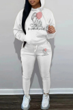White Casual Graphics Print Hooded Long Sleeve Sweatshirts and Drawstring Pants Sportwear Casual Two Pieces Sweatsuit Sets