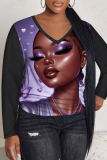 Black Red Casual Figure Print V Neck Long Sleeve Fall Winter T-shirt