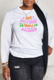 White Green Letter Print O Neck Casual Fall Winter Plus Size Long Sleeve T Shirt