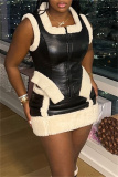 Black Zipper U Neck Sleeveless Furry Trim PU Leather Tops And Mini Skirt Night Club Casual Two Pieces Dress Sets