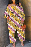 Orange Graphics Print Off Shoulder Long Sleeve Vacation Loose Casual Outing Harem Jumpsuit