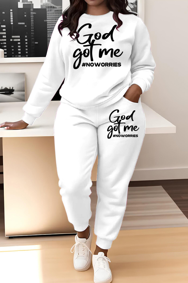 White Letter Print O Neck Long Sleeve Sweatshirt And Pants Sportwear Casual Two Pieces Jogger Sets