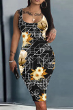 Blue Floral Print U Neck Sleeveless Vacation Bodycon Midi Tank Dress