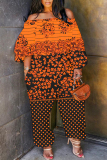 Orange Graphics Print Off Shoulder Long Sleeve Vacation Loose Casual Outing Harem Jumpsuit