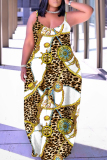 Yellow Casual Graphics Print Backless Sleeveless Spaghetti Strap Long Loose Maxi Slip Dresses