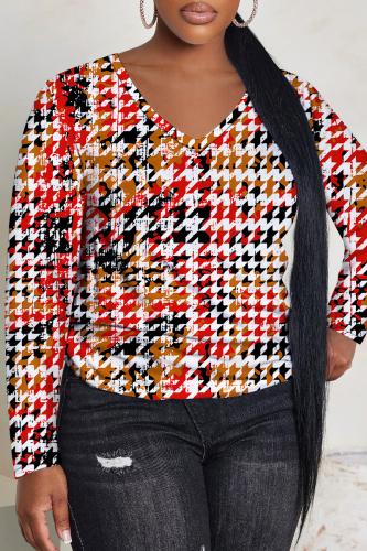 Red Leopard Print V Neck Casual Fall Winter Plus Size Long Sleeve  T Shirt