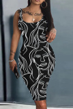 Black Graphics Print U Neck Sleeveless Vacation Bodycon Midi Tank Dress