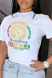 White Letter Print O Neck Short Sleeve Casual Graphics T-Shirts