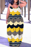 Yellow Casual Graphics Print Backless Sleeveless Spaghetti Strap Long Loose Maxi Slip Dresses